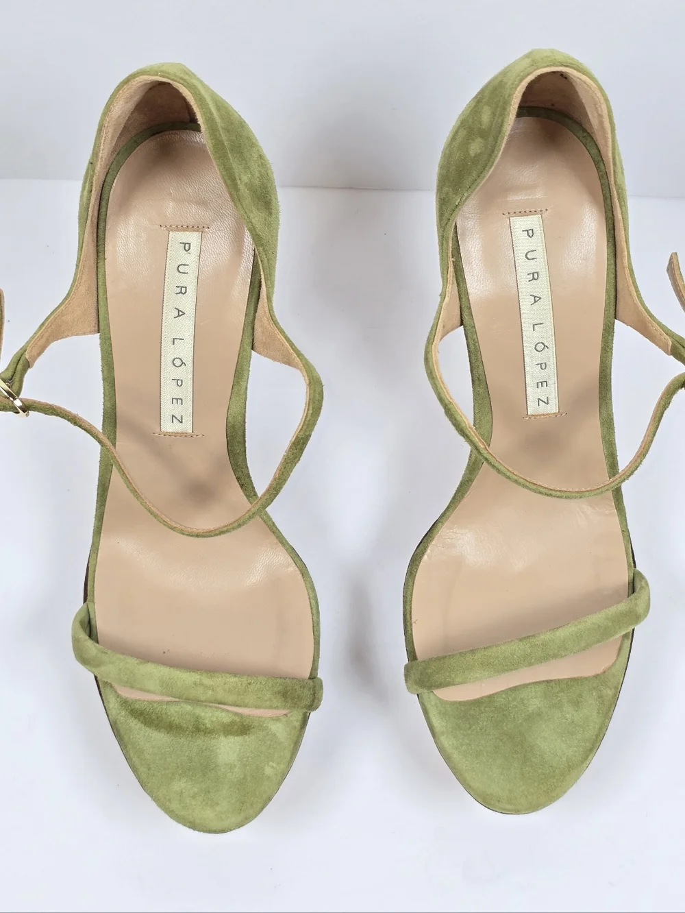 Pura Lopez Green Suede Countour Wood Wedge Platform Sandals Ankle Strap 38 - Picture 8 of 14